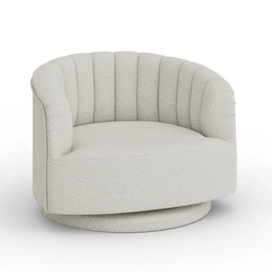 scalloped bouclé swivel chair with fluted backrest design, white background, angled view.