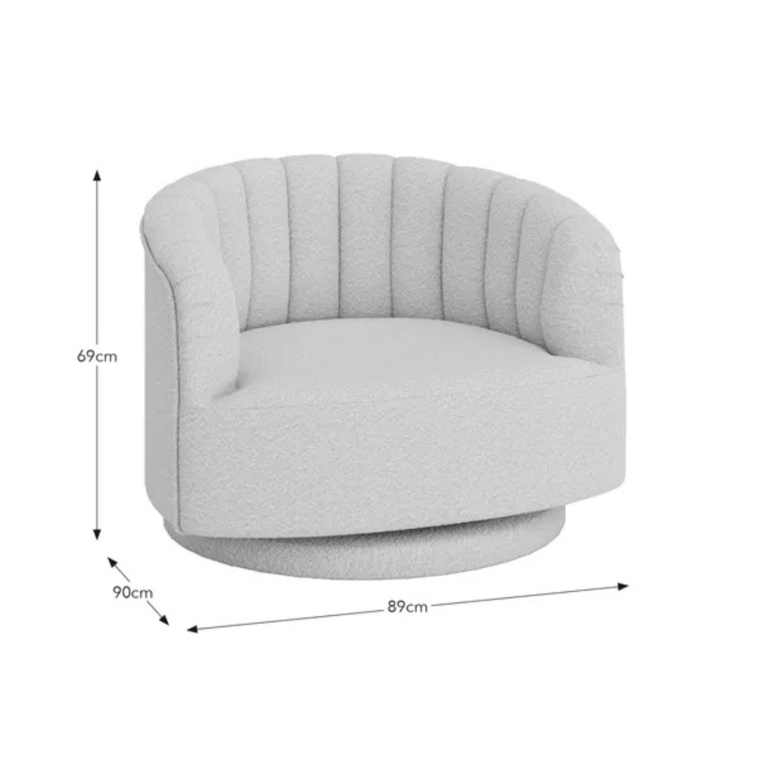 scalloped bouclé swivel chair with fluted backrest design, dimensions..