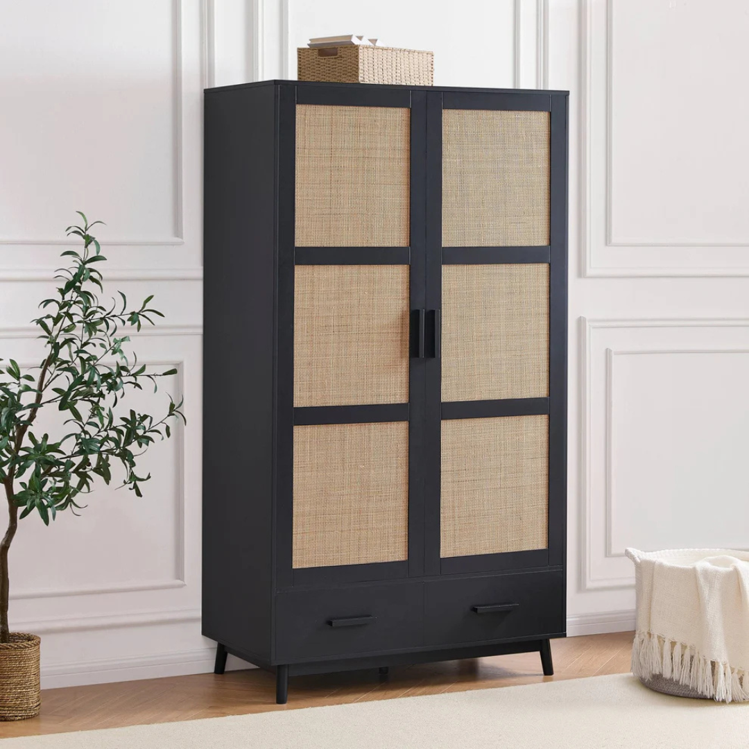 Scandi Rattan Black Wardrobe And Drawers, set in a modern model home, angled view.