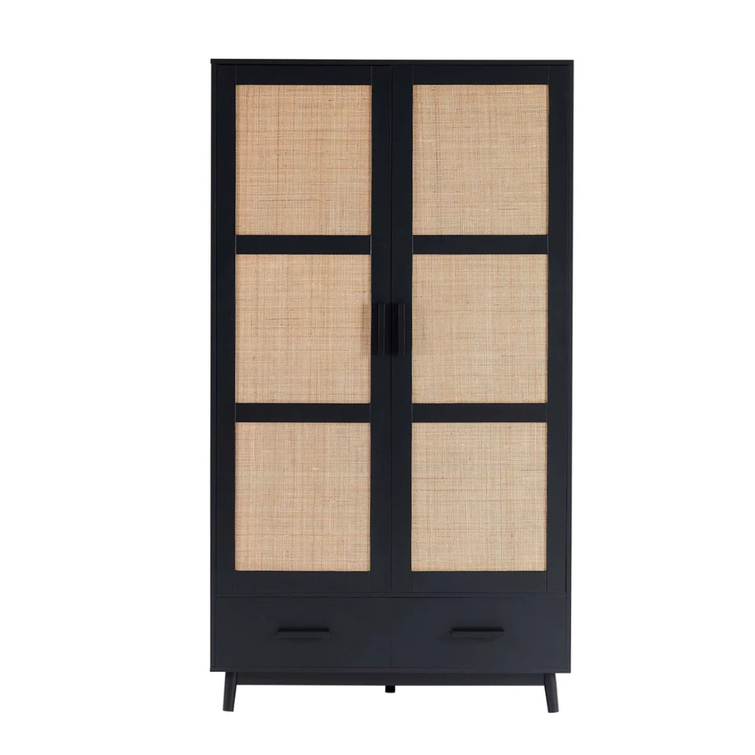 Scandi Rattan Black Wardrobe And Drawers, white background, front view.