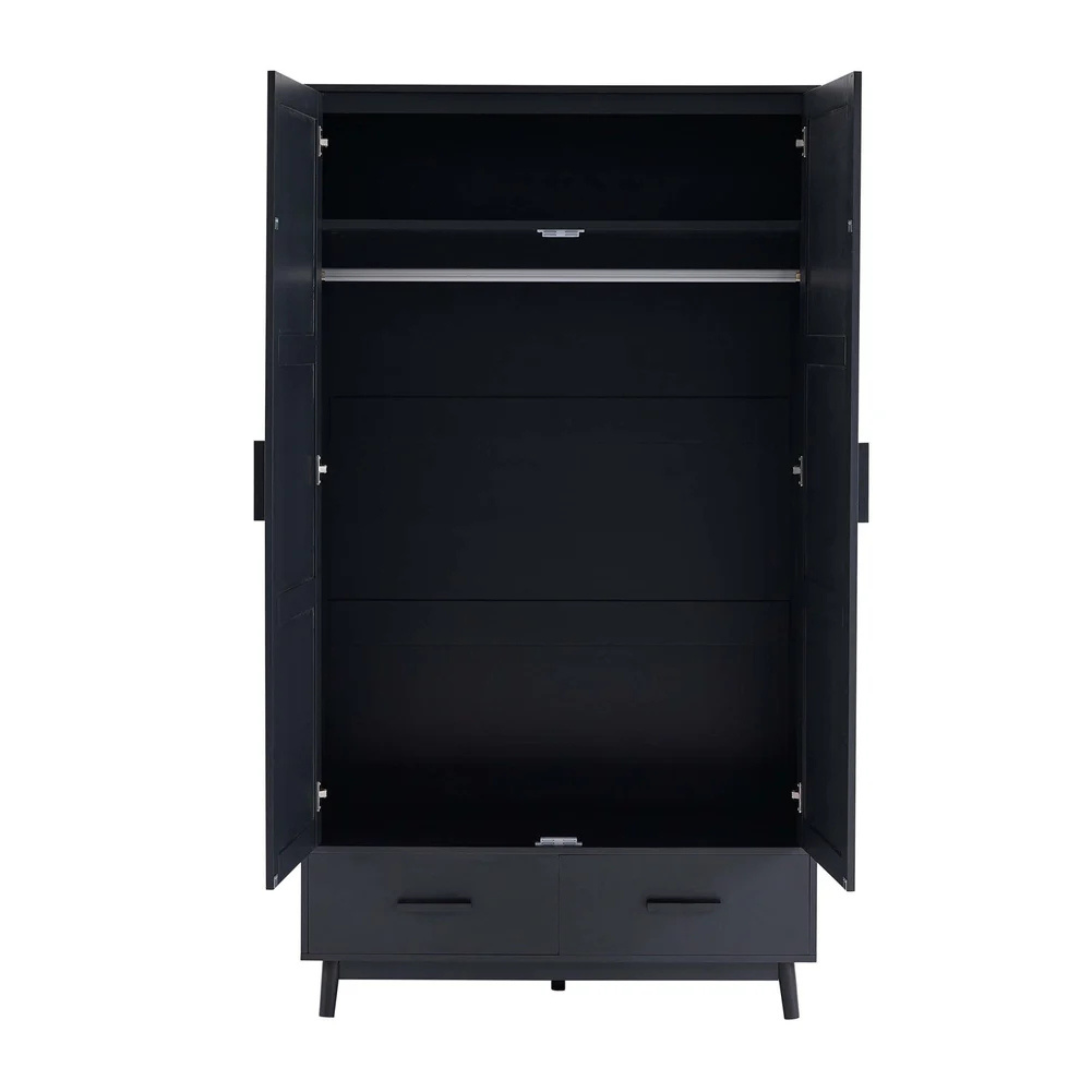 Scandi Rattan Black Wardrobe And Drawers, Black wardrobe with open doors on a white background