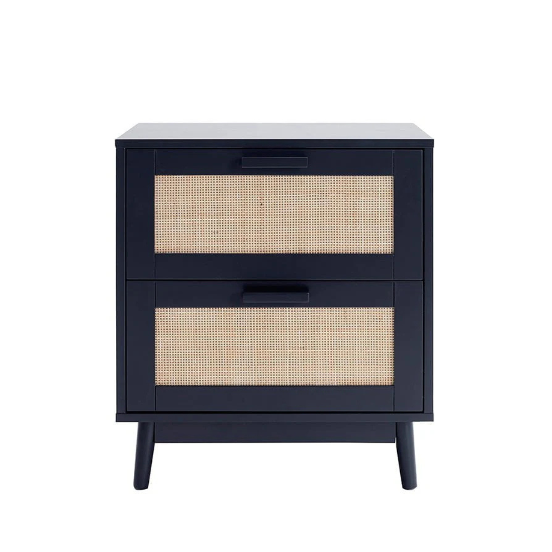 Black nightstand with rattan drawers on a white background