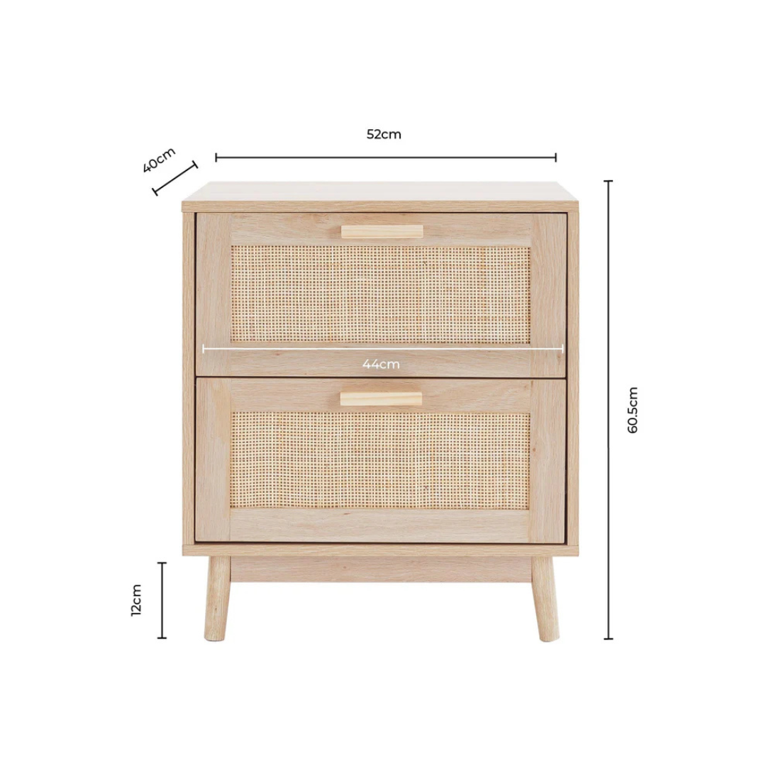Wooden cabinet with rattan doors and dimensions on a white background