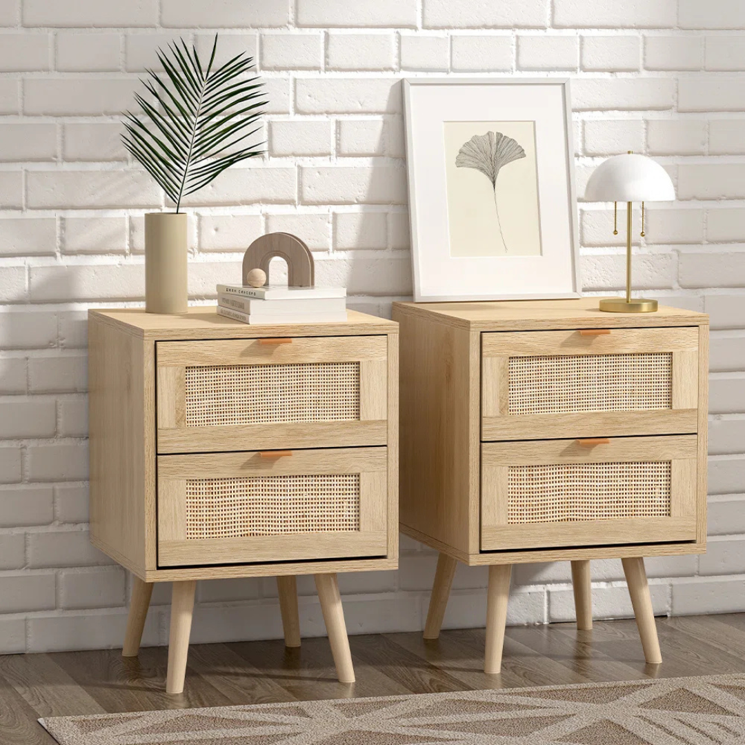 Set Of 2 Rattan Bedside Cabinet, set in a modern home.