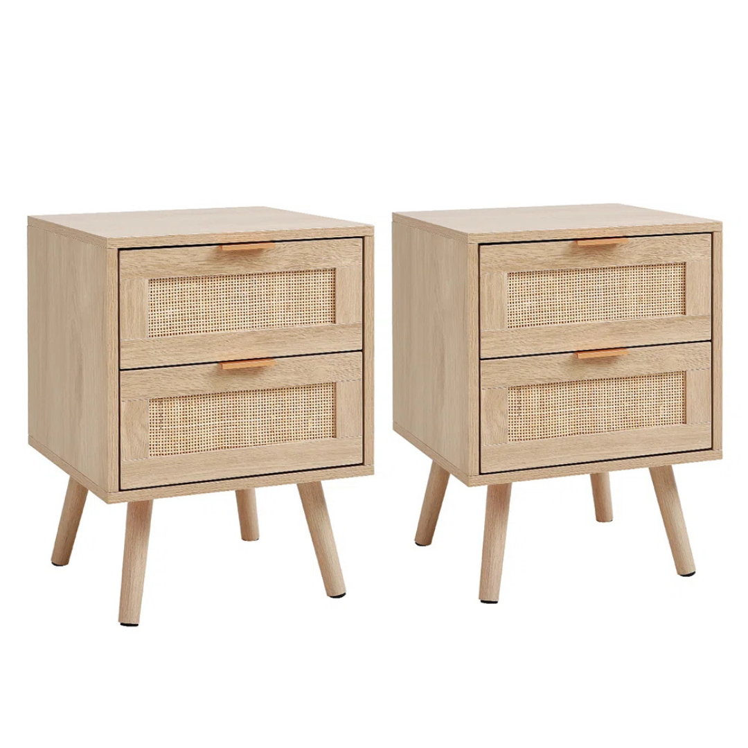 Set Of 2 Rattan Bedside Cabinet, set in a white background.