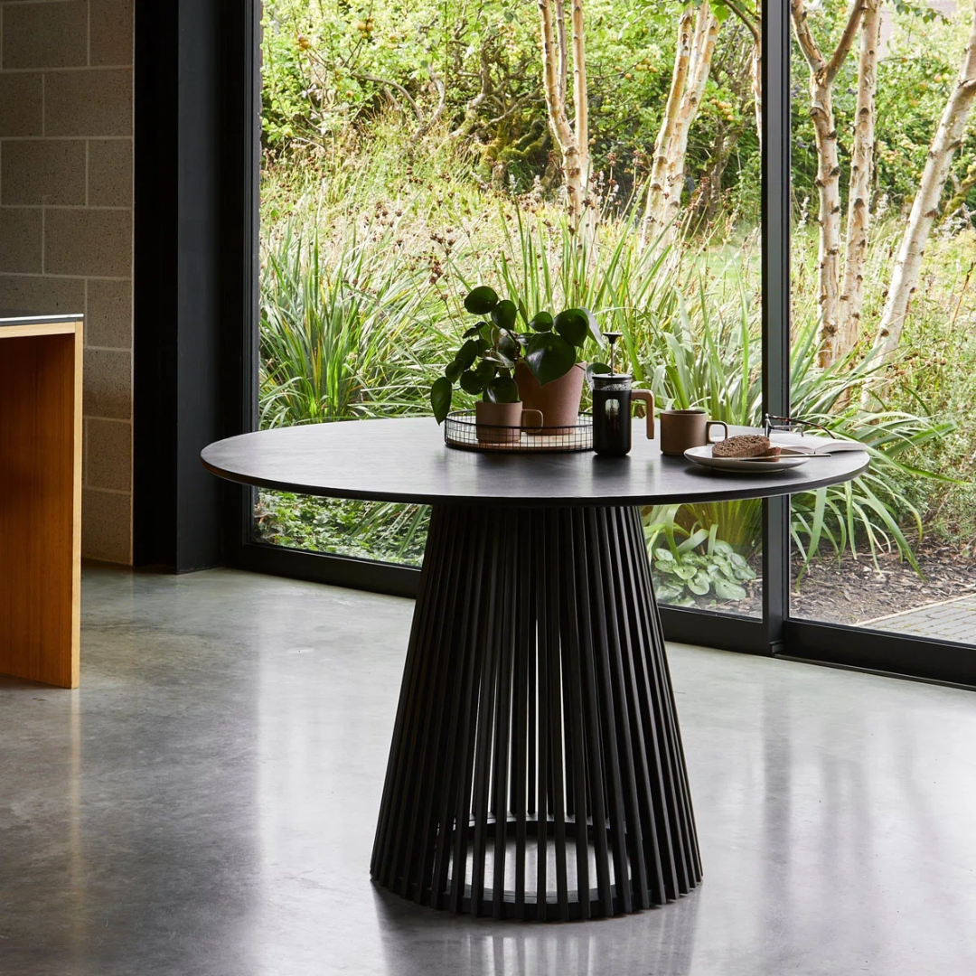 Slatted Wood Black Dining Table Round
