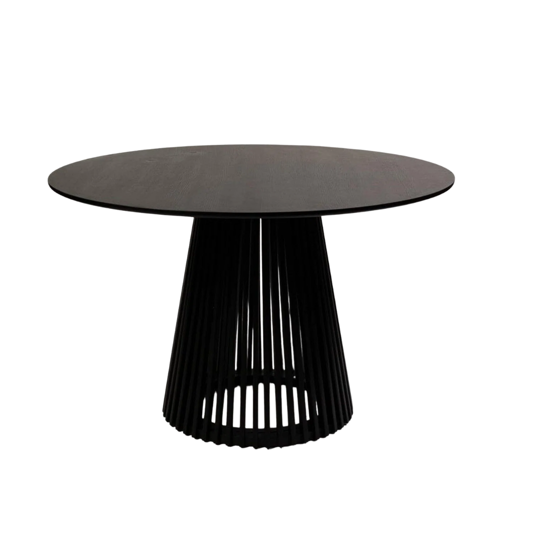 Slatted Wood Black Dining Table Round
