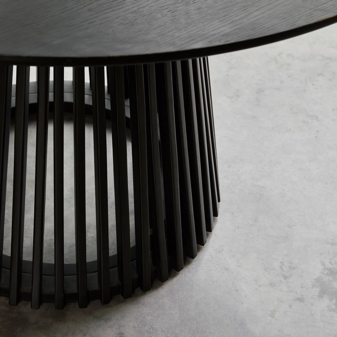 Slatted Wood Black Dining Table Round