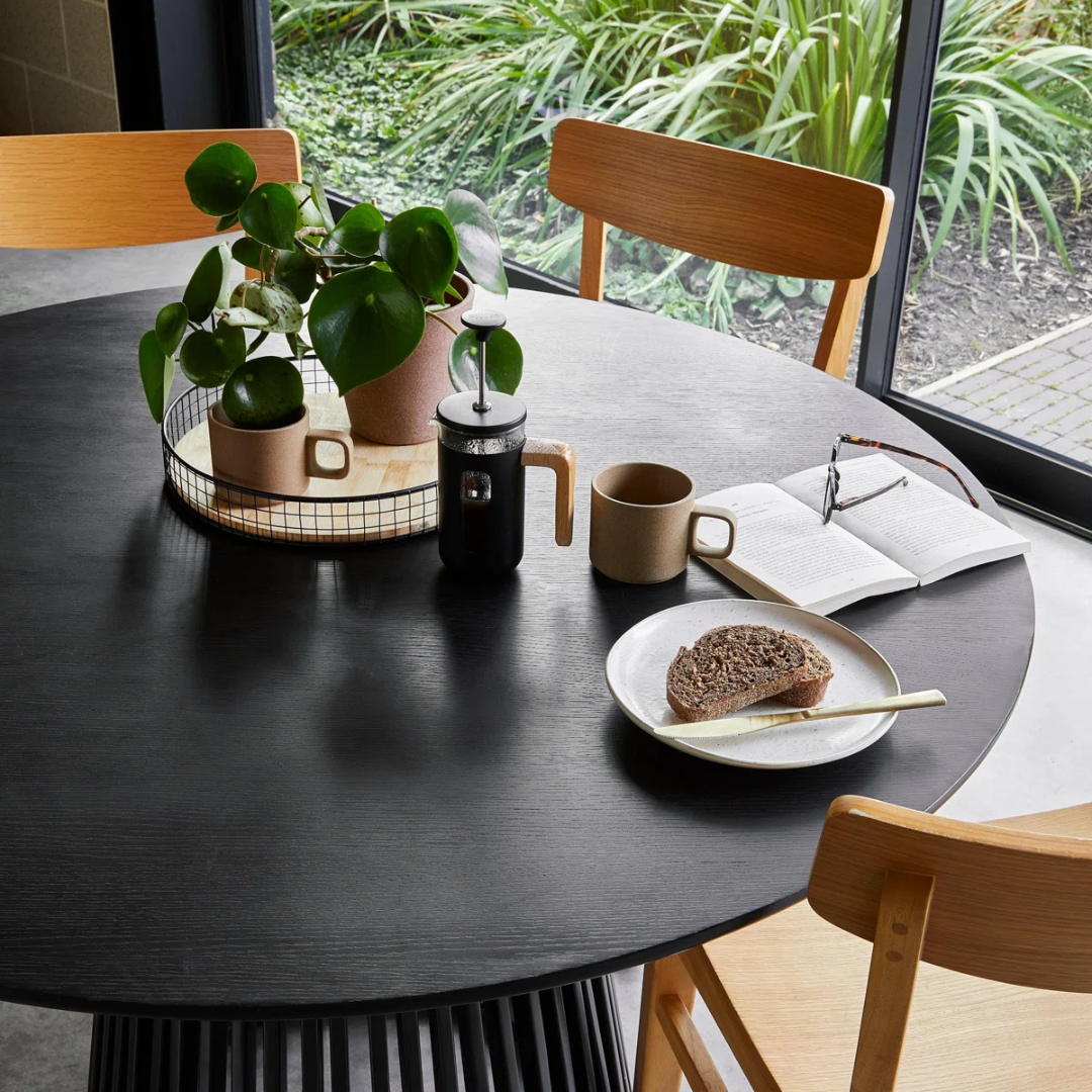 Slatted Wood Black Dining Table Round