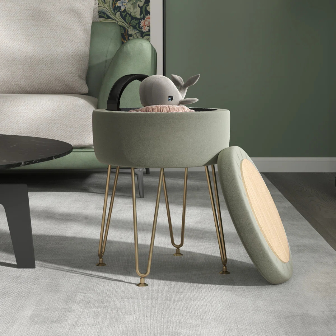 Green Small Ottoman Round With Storage, set in a model home.
