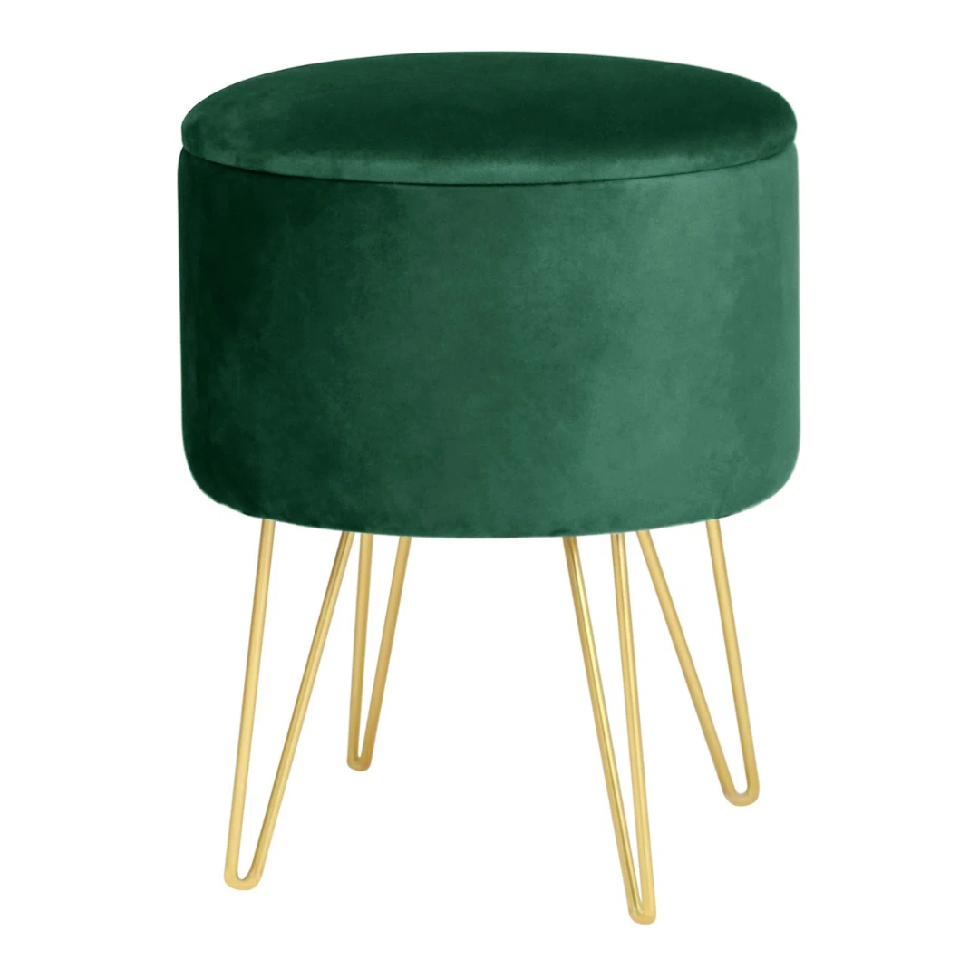 Small Velvet Green Storage Ottoman, white background.