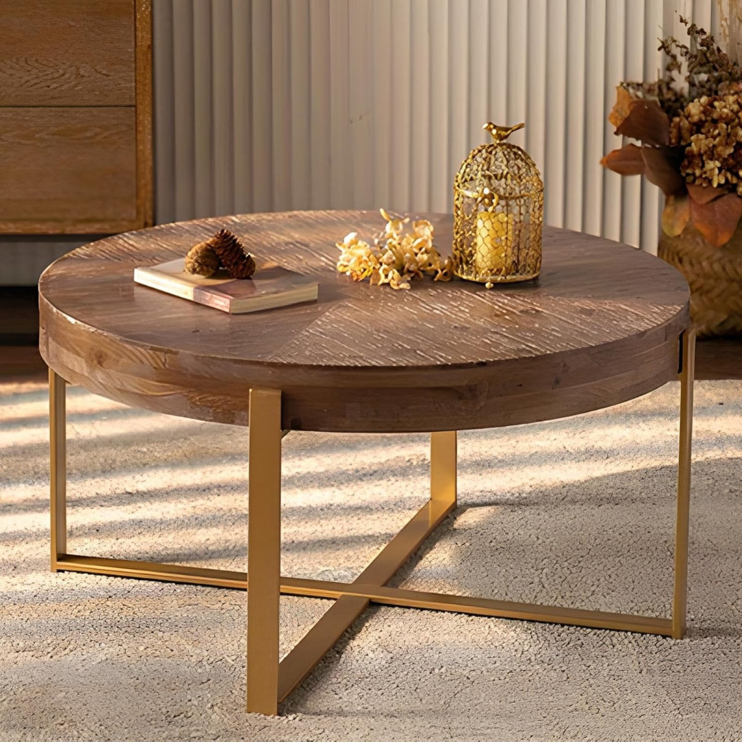 Circle Solid Wood Coffee Table, sat on a beige rug in a modern home.