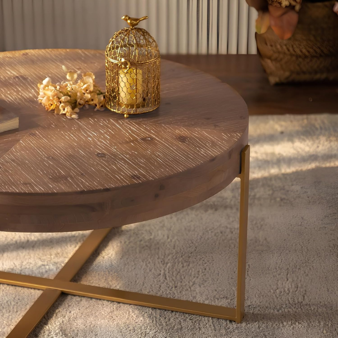 Circle Solid Wood Coffee Table, close up of wooden and metal design.