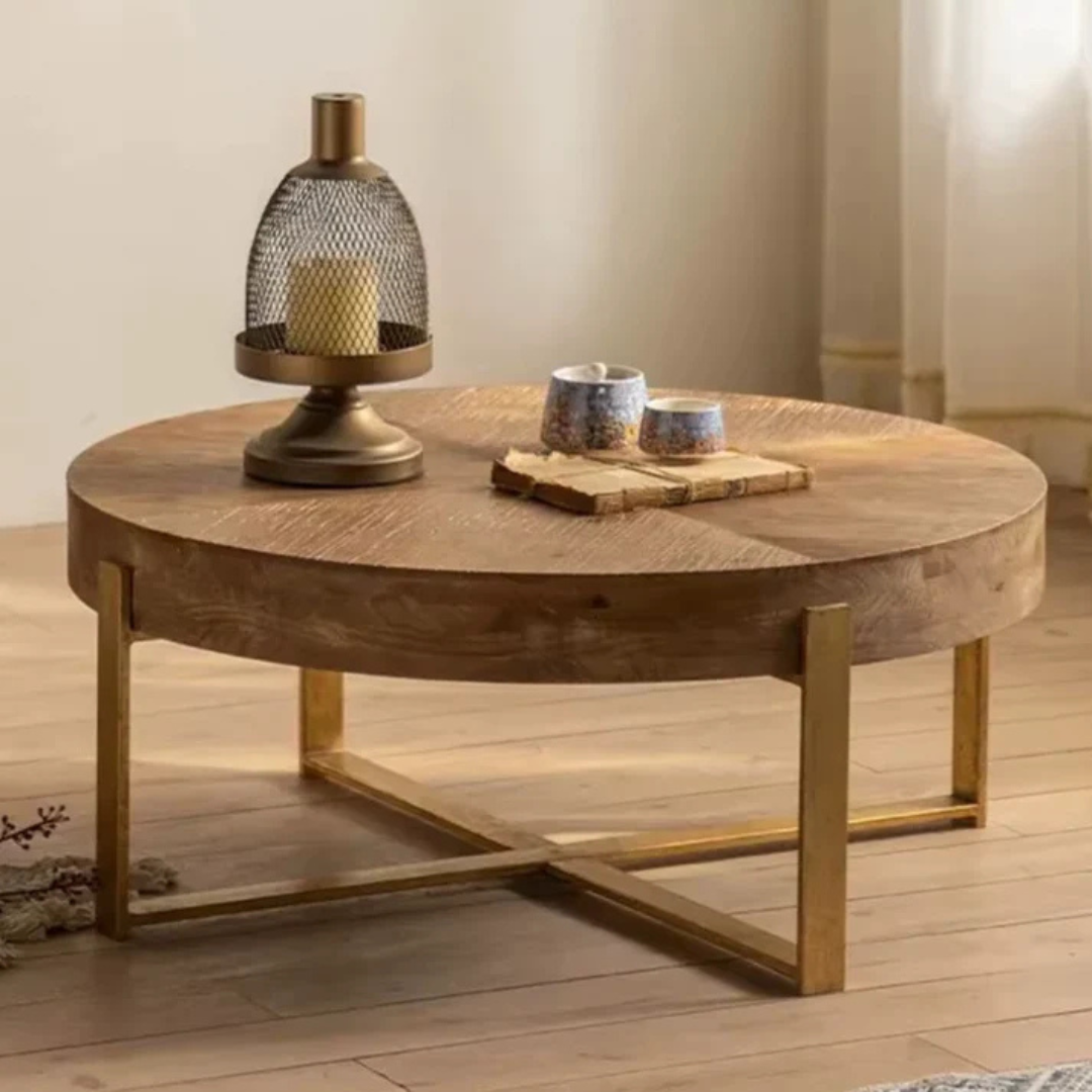 Circle Solid Wood Coffee Table, set on a timber floor in a modern room.