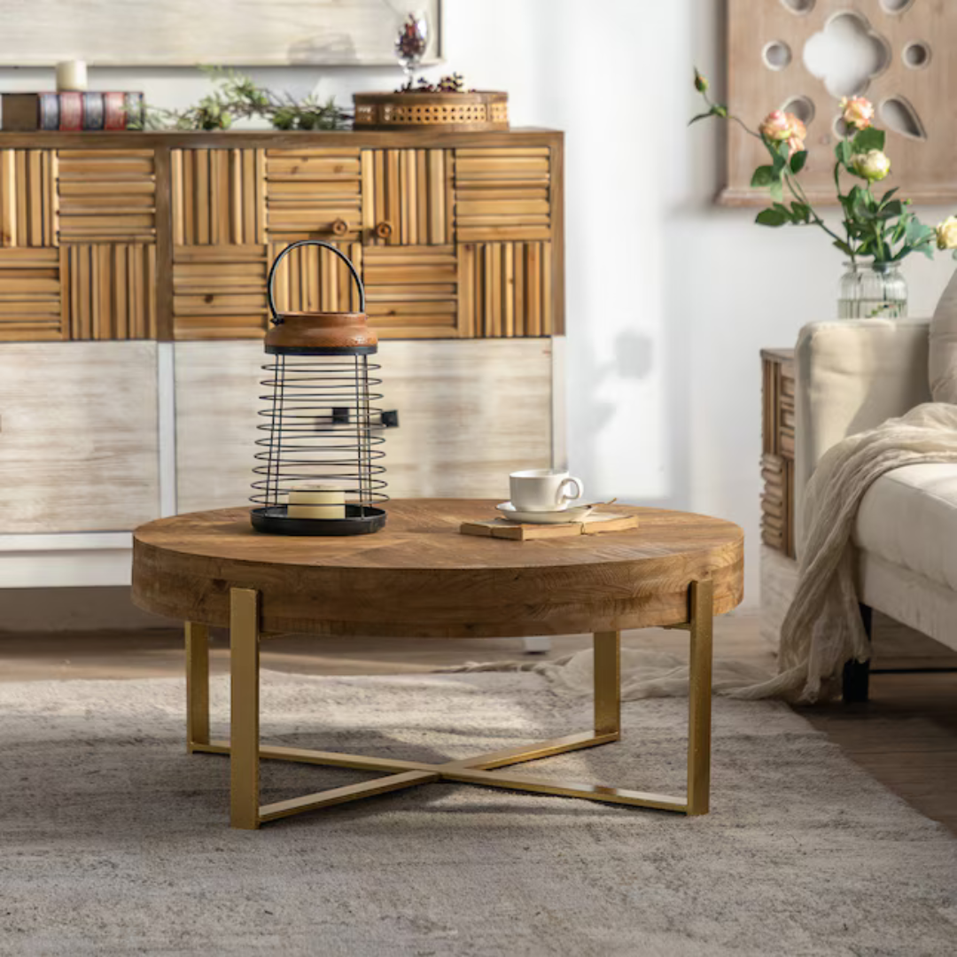 Circle Solid Wood Coffee Table in a modern living room, sat on a grey rug.