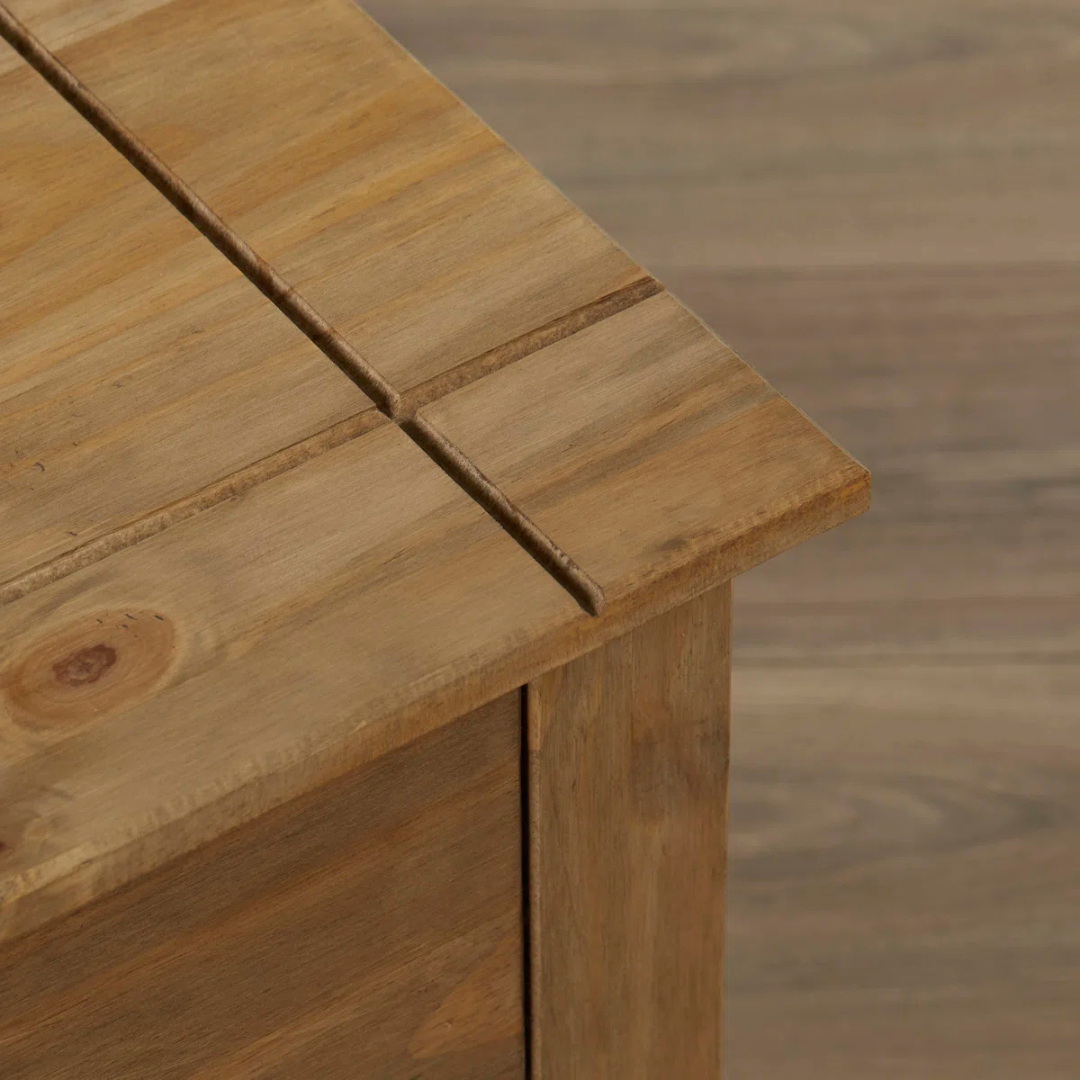 Solid Wood Bedside 3 Drawer Cabinet, close up to top grooved design.