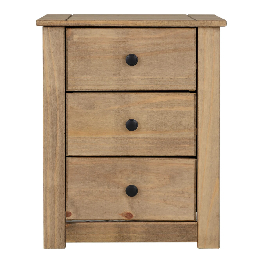 Solid Wood Bedside 3 Drawer Cabinet, front view, white background.