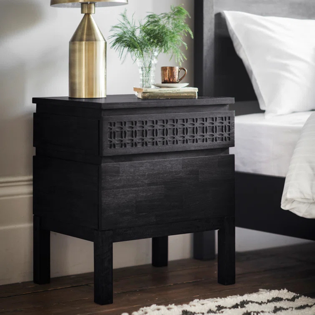 Solid Wood Black Modern Bedside Table, set in a model home.