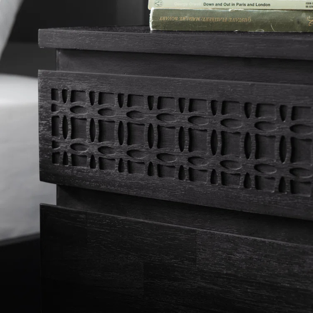 Solid Wood Black Modern Bedside Table, close up to design.