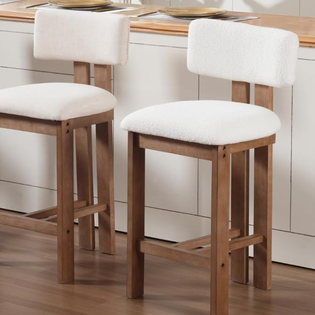 Solid Wood Scandinavian Bar Stools - Set Of Two close up of the boucle fabric