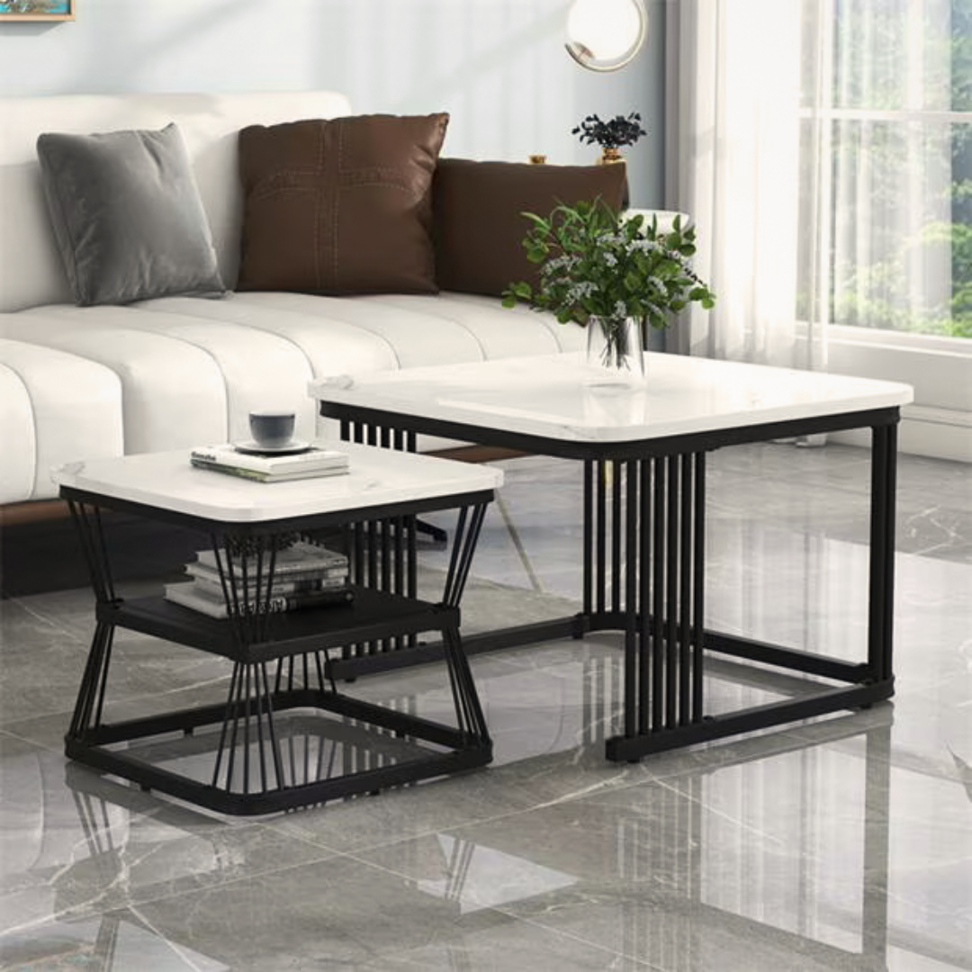 Square Modern Nest Of Table, set in a modern grey home. Angled view.