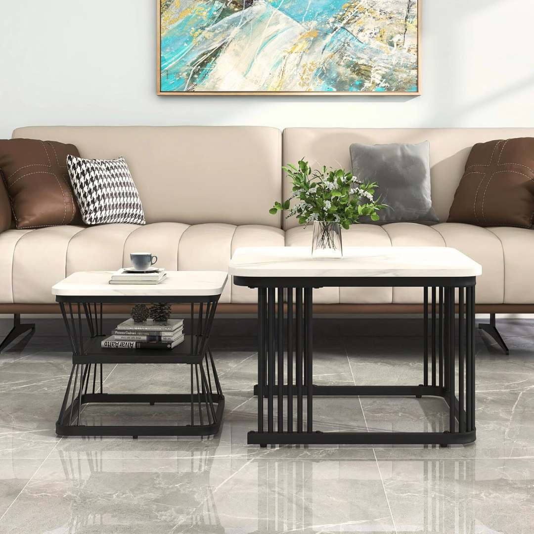Square Modern Nest Of Table, set in a modern home, front view.