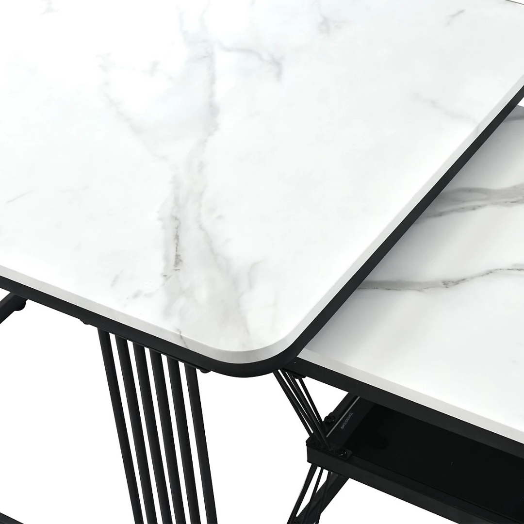Square Modern Nest Of Table, close up of marble styled top.