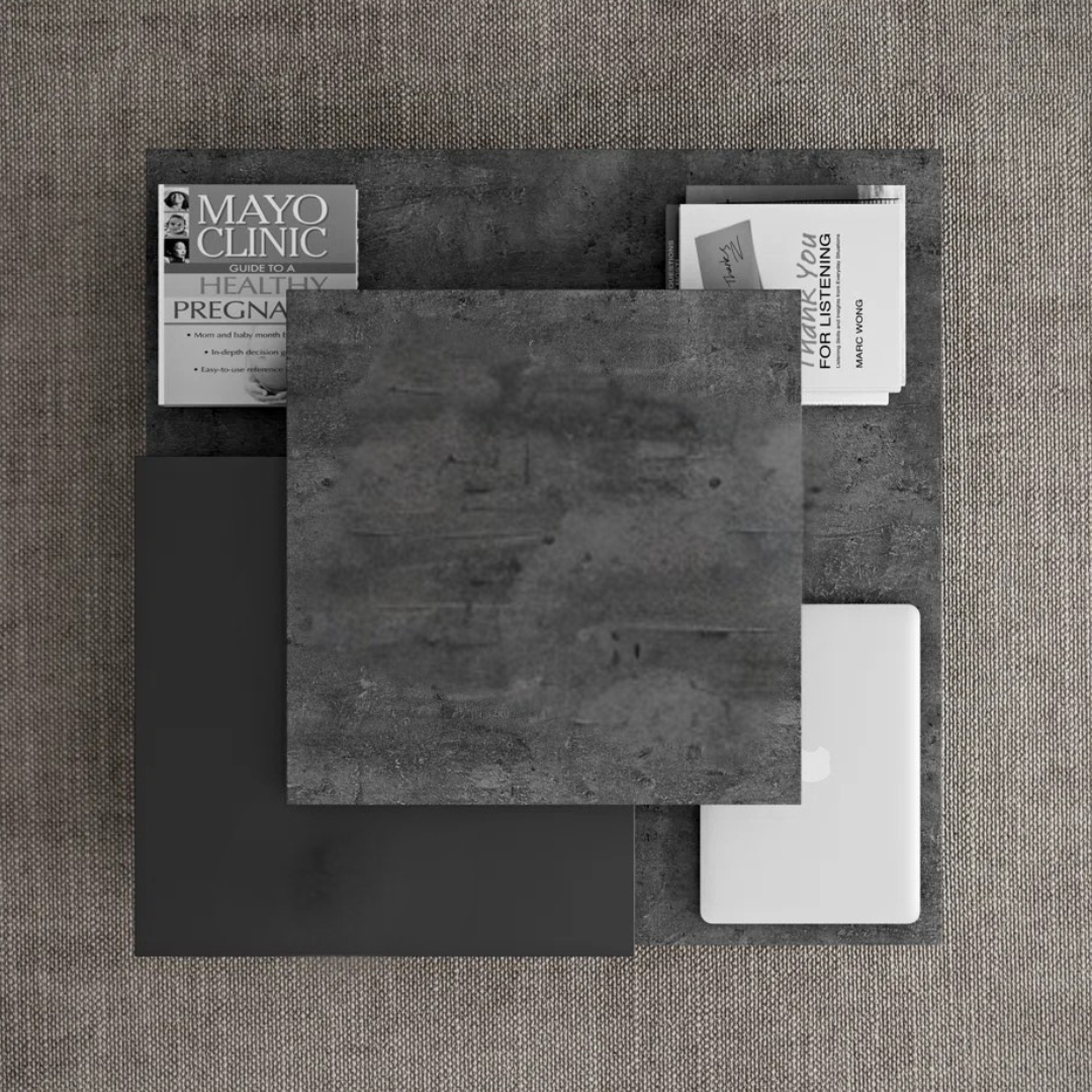 Stone design dark grey coffee table with layered surface, top view.
