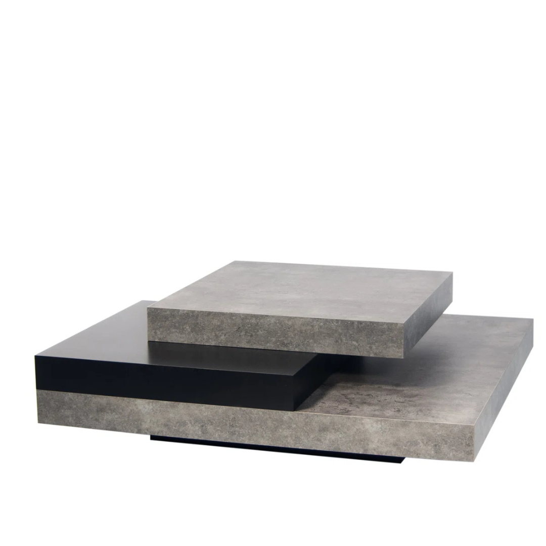 Stone design dark grey coffee table with layered surface, white background, angled view.