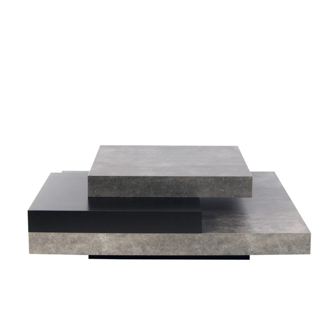 Stone design dark grey coffee table with layered surface, white background, face view.