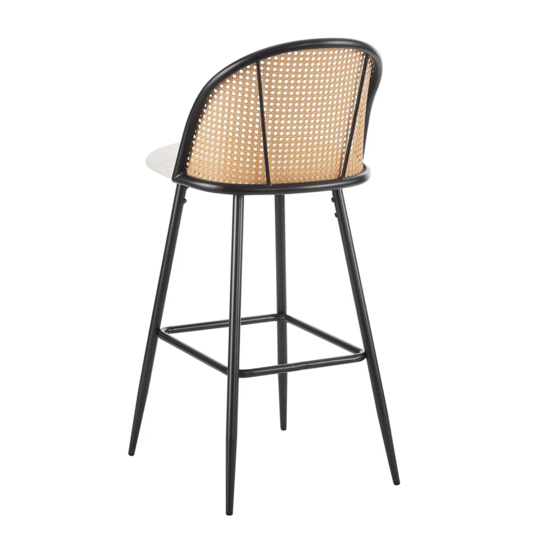 Upholstered Black Rattan Bar Stools With Backs - Set Of Two