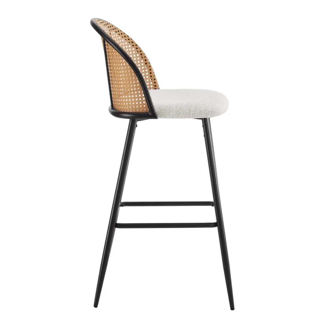 Upholstered Black Rattan Bar Stools With Backs - Set Of Two
