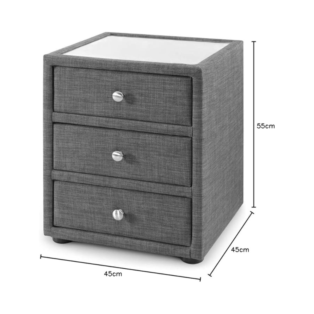 Upholstered Modern Grey Bedside Cabinet, dimensions.