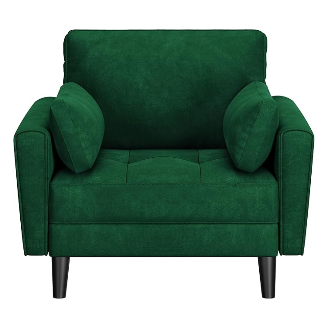 velvet emerald green armchair with matching cushions, white background, front view.