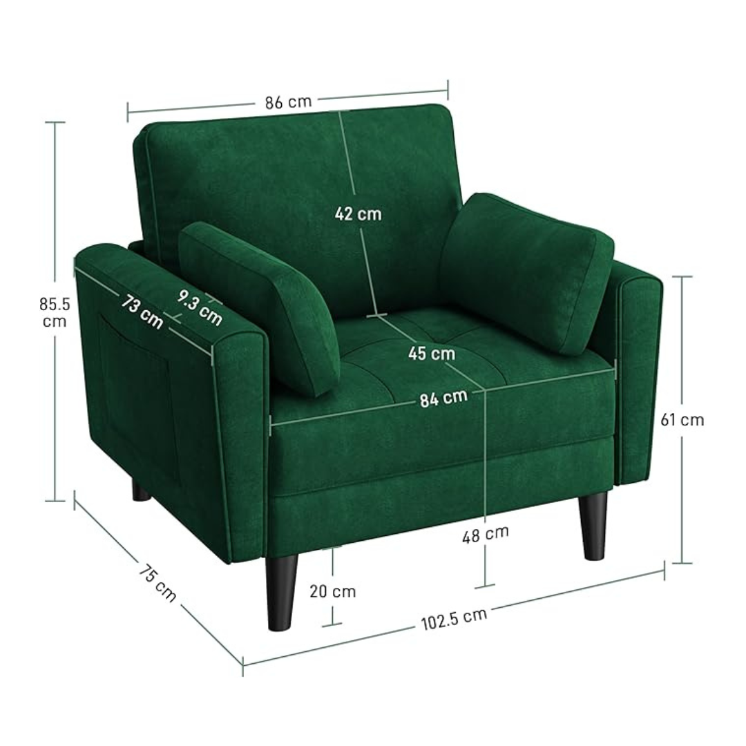 velvet emerald green armchair with matching cushions, dimensions.