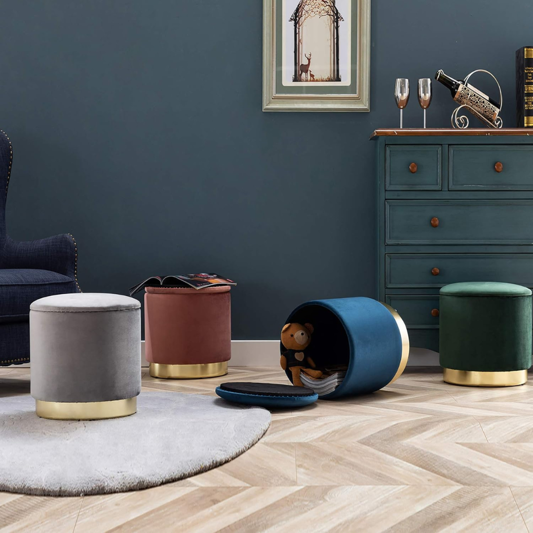 Velvet Ottoman With Storage With Gold Base, all colours in a model home.