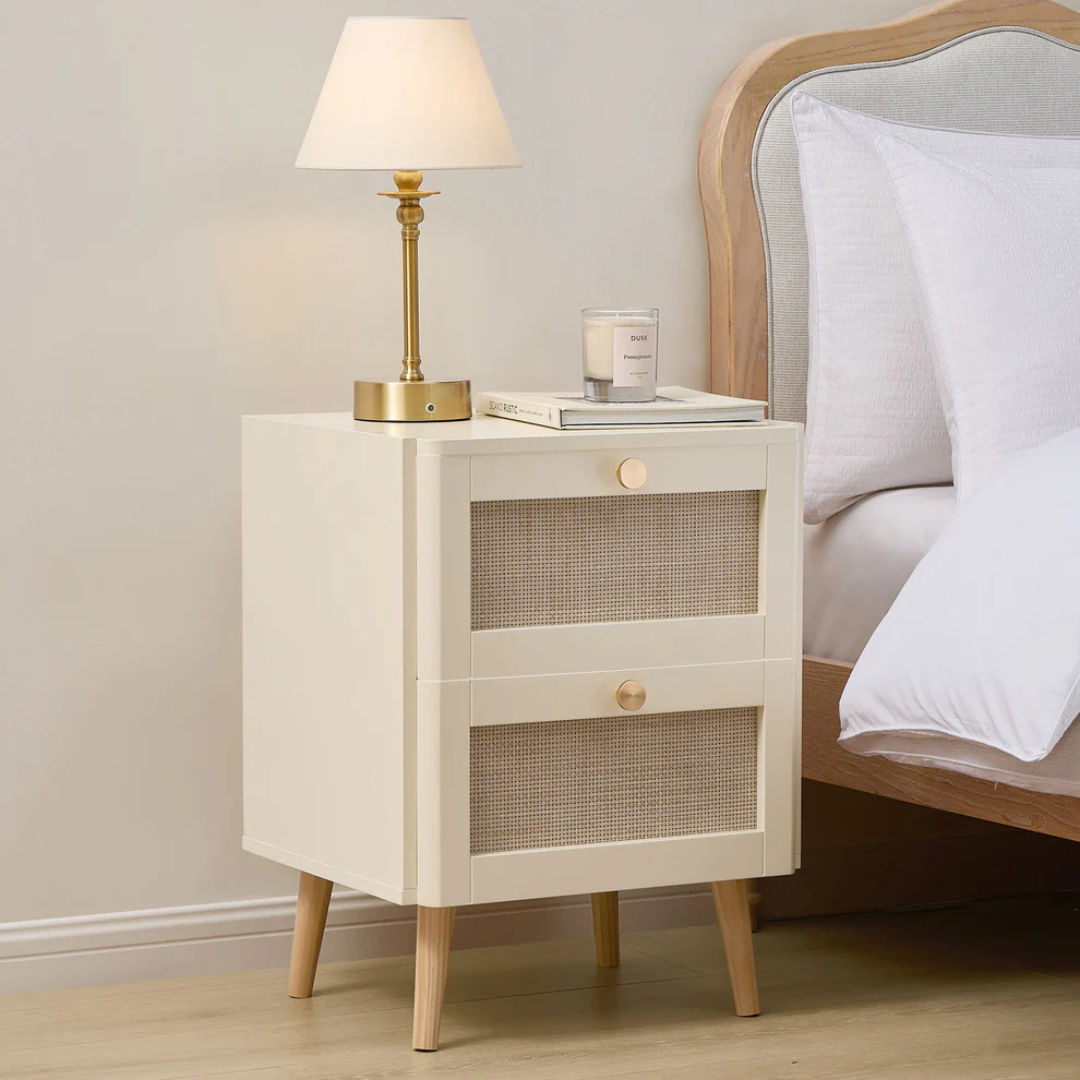 Beige nightstand with lamp and candle next to a bed