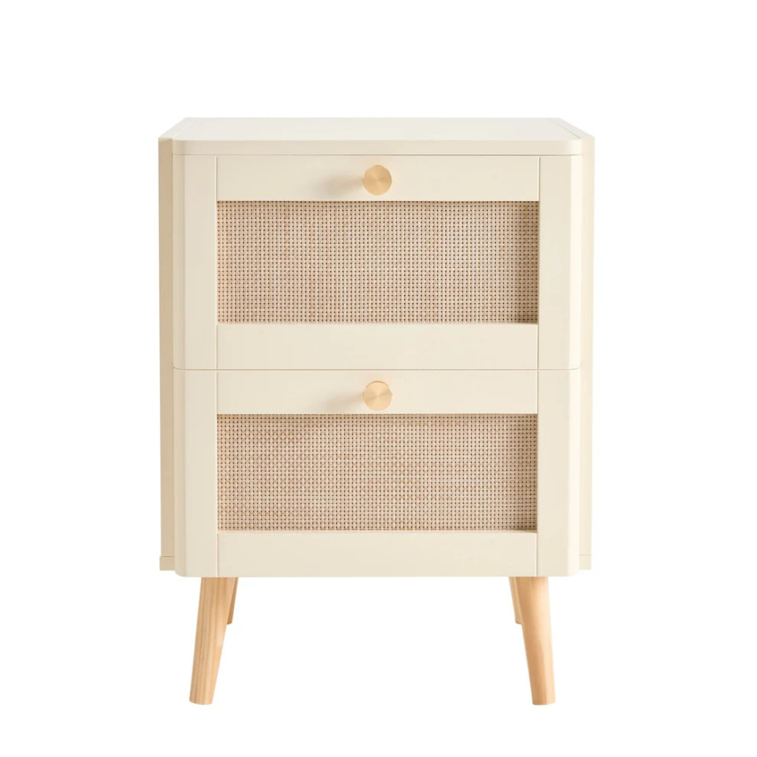 Beige cabinet with wicker front panels on a white background