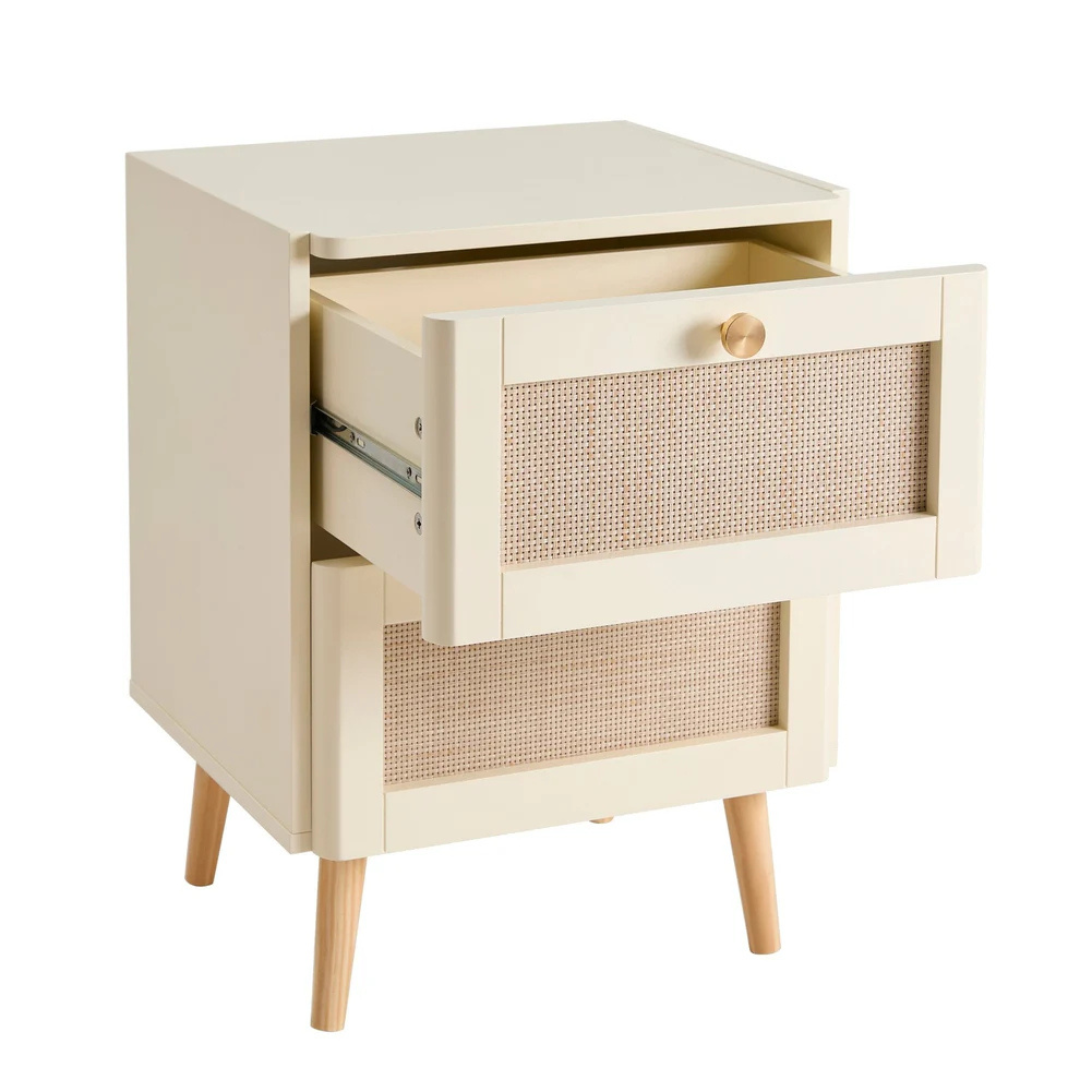 Beige side table with a drawer featuring a woven design on a white background