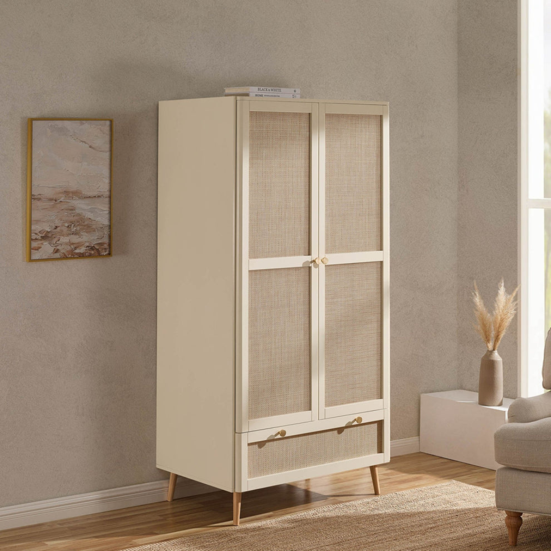 Beige wardrobe with glass panels in a room with a painting and vase on a shelf.