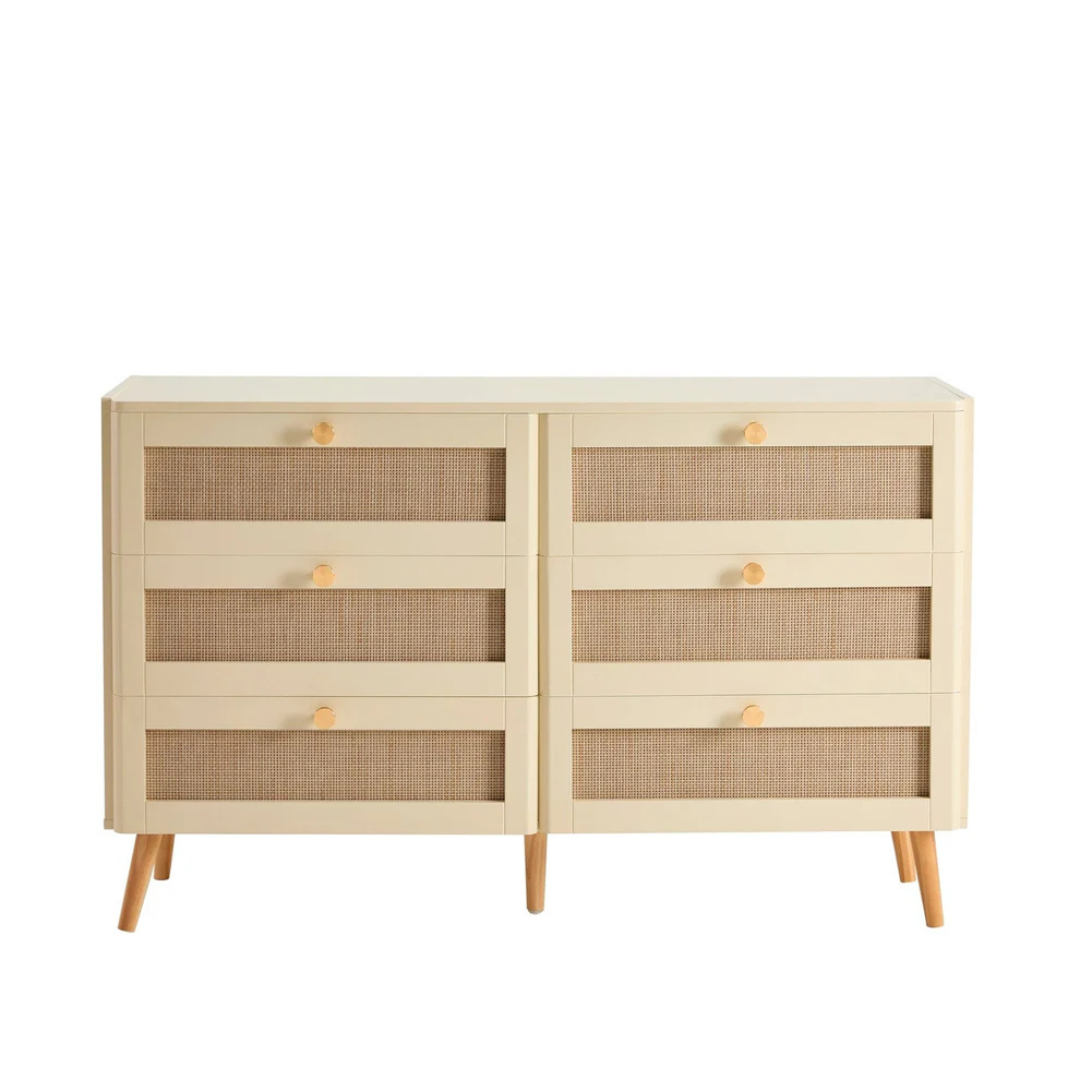 Beige sideboard with rattan panels on a white background