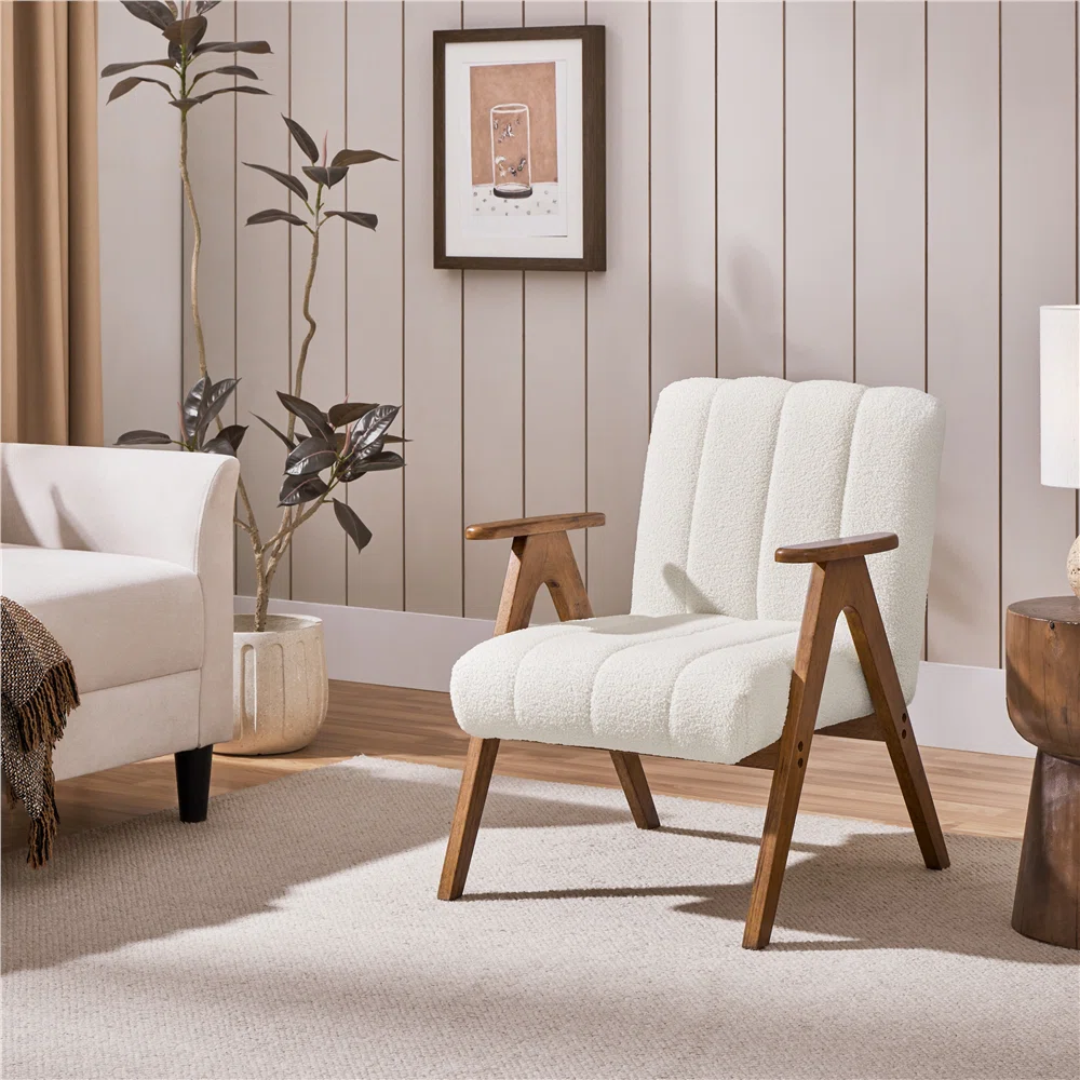 Walnut Frame Boucle Accent Chair