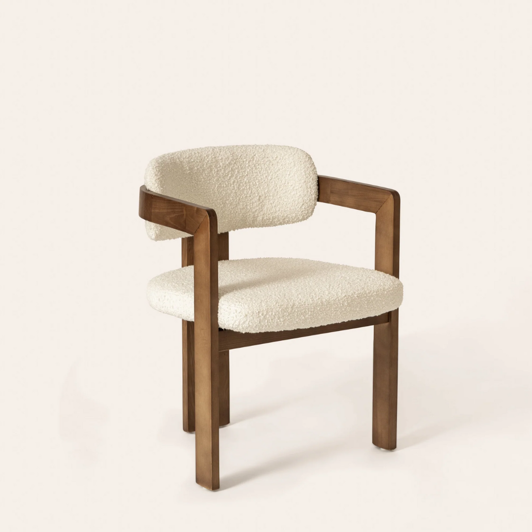 Walnut Boucle Curved Dining Room Chair front side view