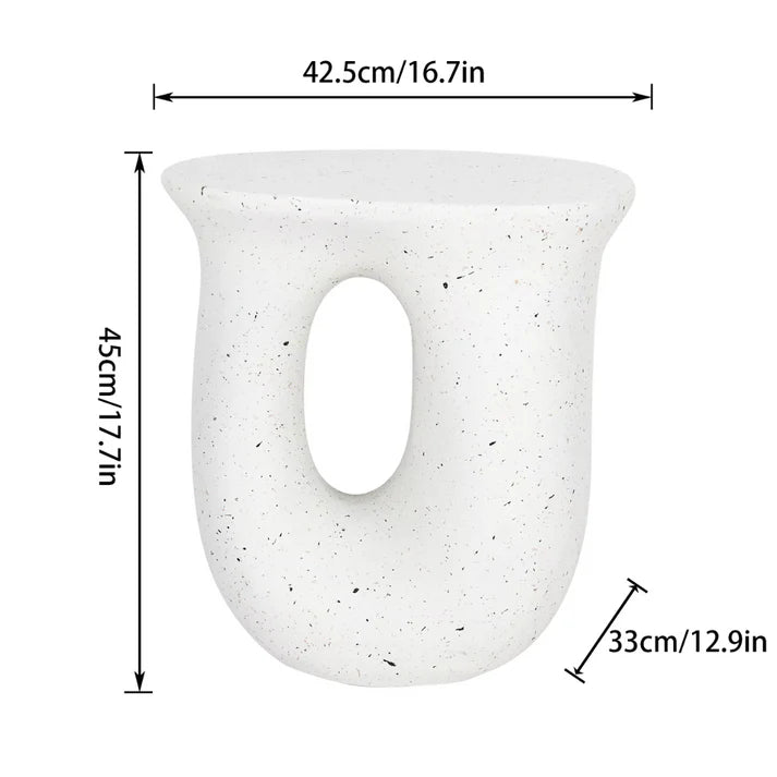 White abstract side table with cut-out design, dimensions.