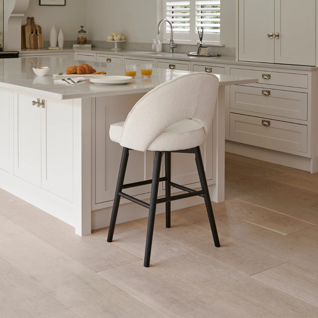 White Boucle Bar Stool Black Legs back view