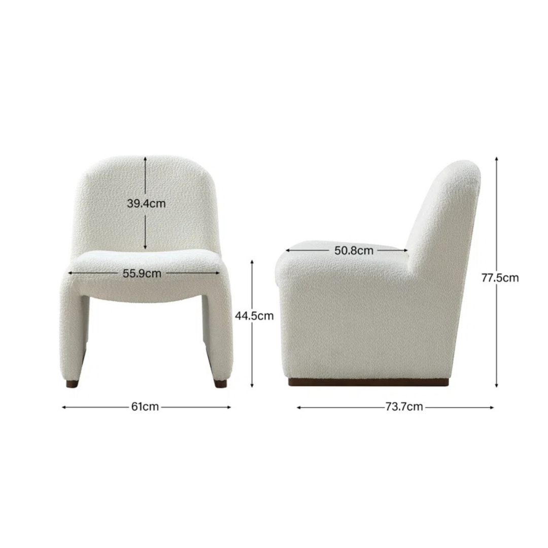 white boucle funky accent chair with bold curved frame, dimensions.