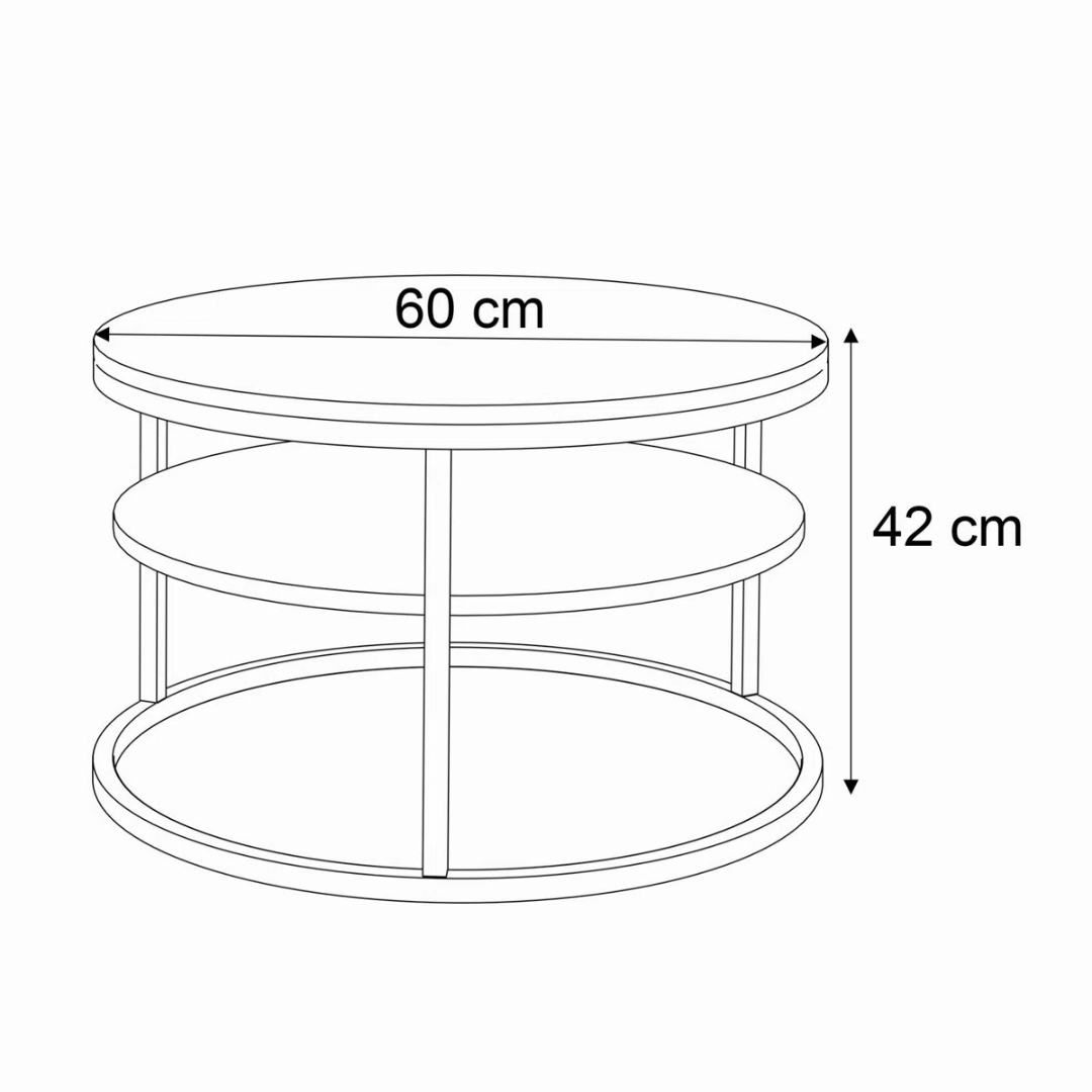 White Minimalist 2 Tier Coffee Table with round shape, dimensions.