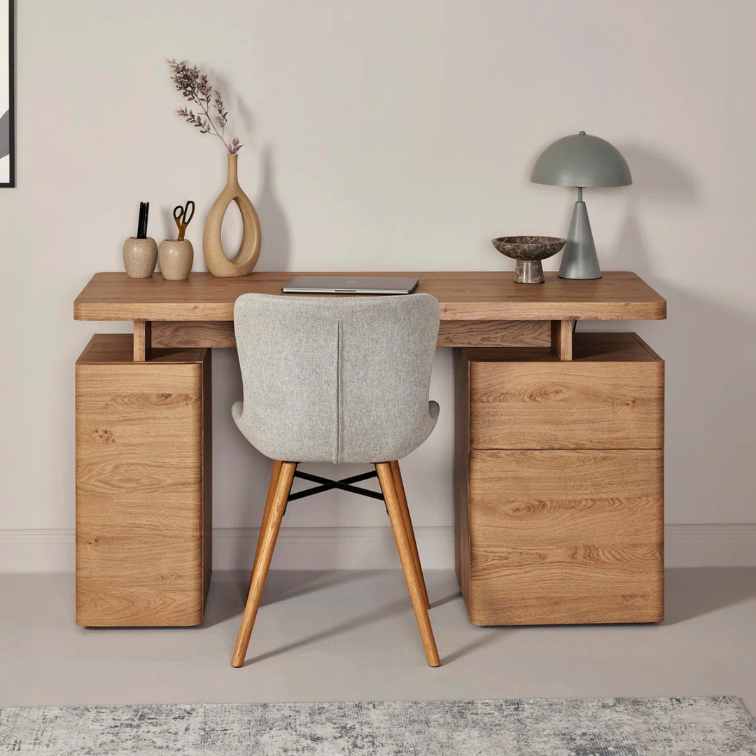 Wooden Contemporary Home Office Desk, front view, in a modern home office.