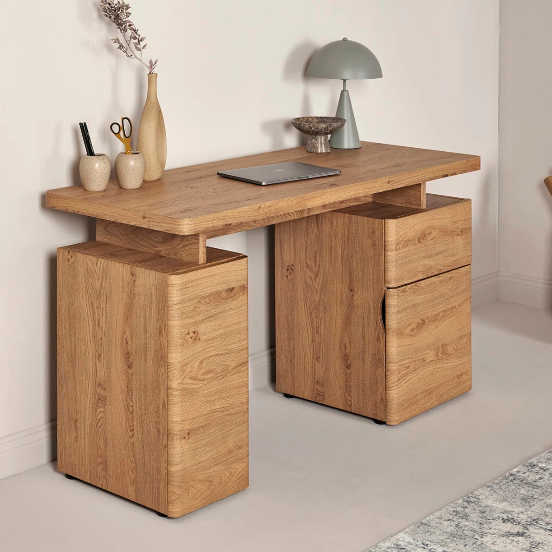 Wooden Contemporary Home Office Desk, angled view in a modern home office.