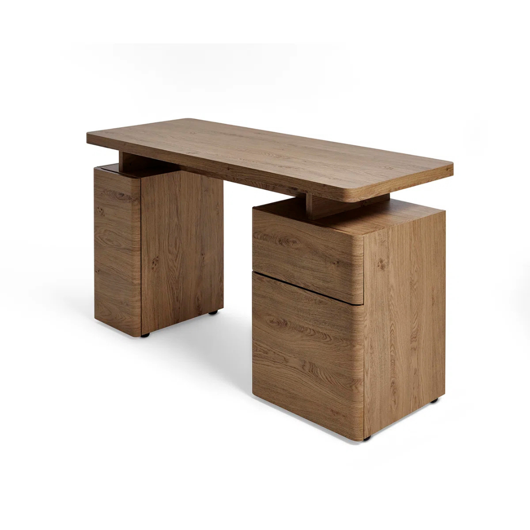 Wooden Contemporary Home Office Desk, angled view, white background.